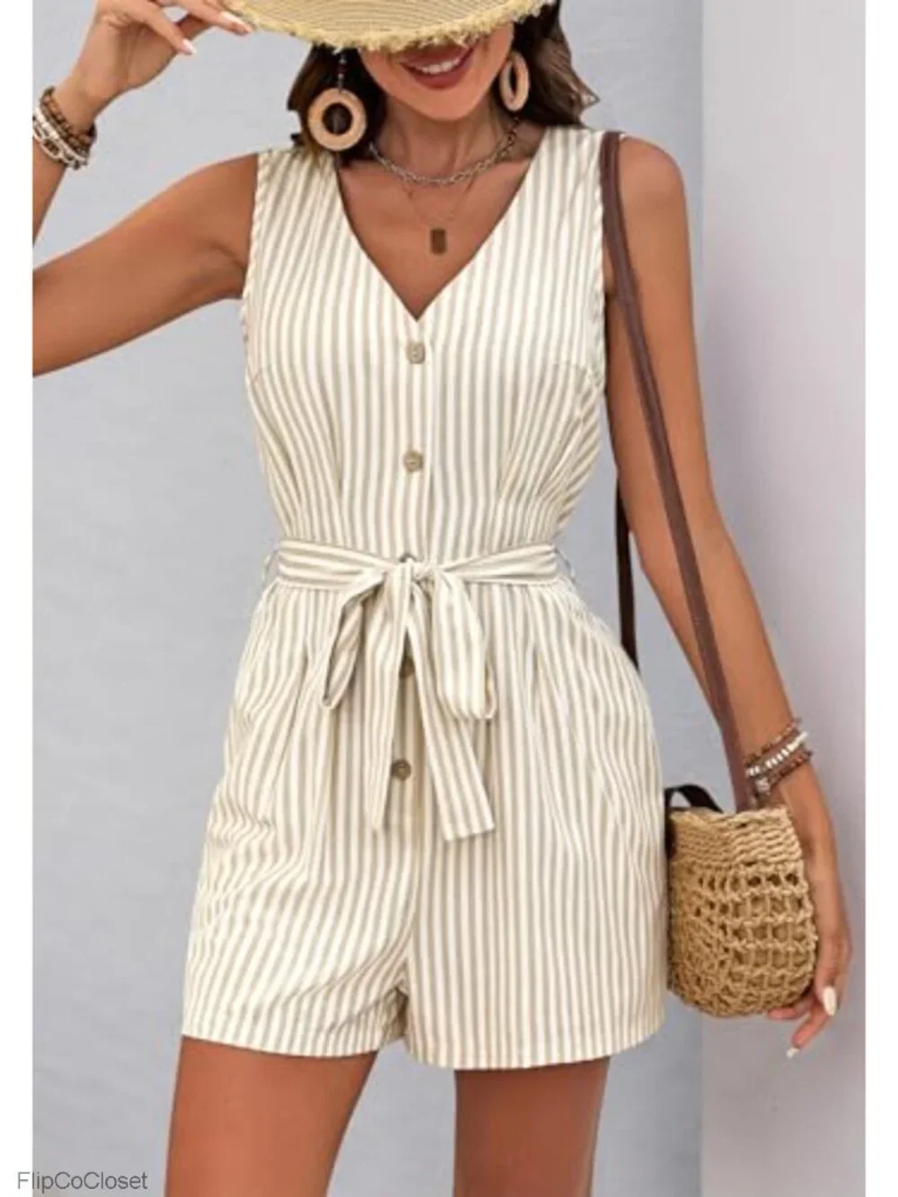 Women's Sleeveless V-Neck Button Up Striped Romper Short Jumpsuit with Pockets